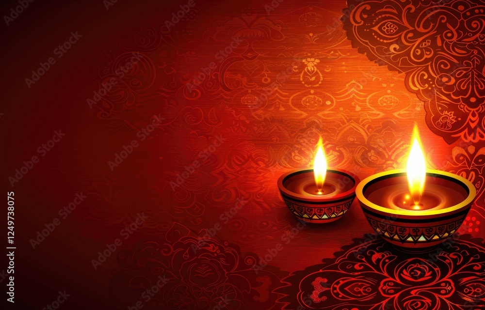 Happy Diwali celebration background. front view of banner design decorated with illuminated oil lamps on patterned red background. Vector watercolor style. text Digital corollary Happy Diwali celebration background. front view of banner design decorated with illuminated oil lamps on patterned red background. Vector watercolor style. text Digital corollary