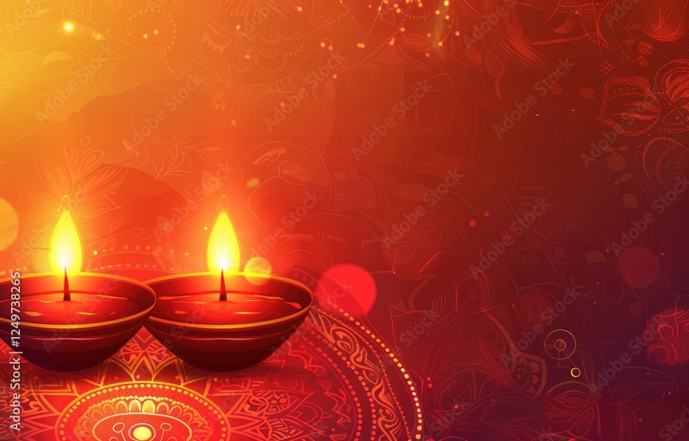 Happy Diwali celebration background. front view of banner design decorated with illuminated oil lamps on patterned red background. Vector watercolor style. text Digital corollary Happy Diwali celebration background. front view of banner design decorated with illuminated oil lamps on patterned red background. Vector watercolor style. text Digital corollary