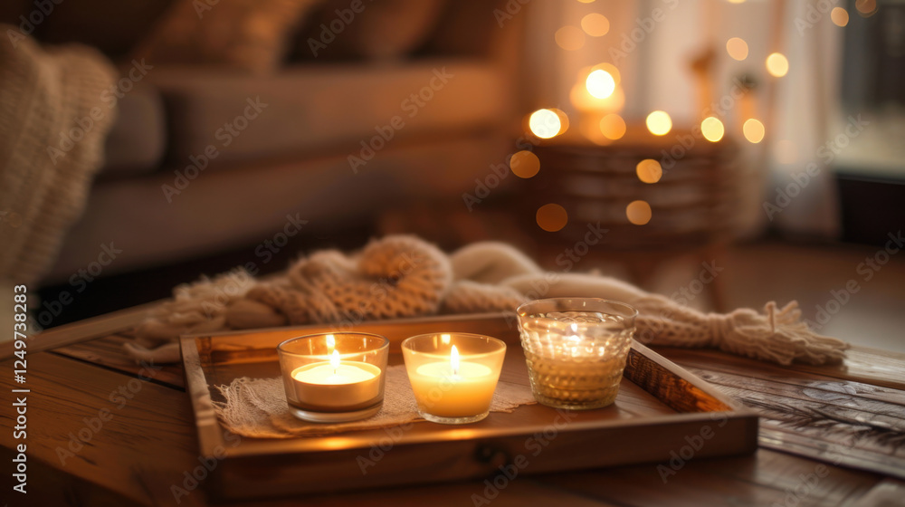 table with candles on wooden tray table with candles on wooden tray