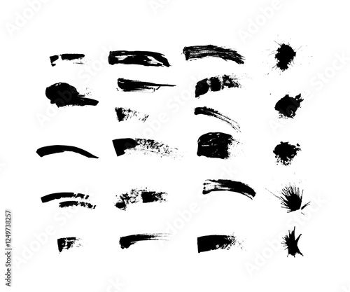 Black ink spots set. Inked splatter dirt stain spatter spray splashes. High quality manually tracked. Drops blots isolated vector set. Black ink blow explosion. Splatter grunge set. Isolated set ink.