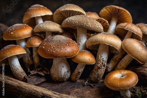 Diverse assortment of wild mushrooms growing on decaying wood in a forest setting during the calm of autumn photo