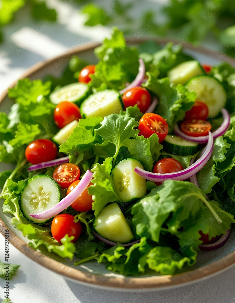 Fresh Salad Bowl with Lettuce Tomato Cucumber and Red Onion Fresh Salad Bowl with Lettuce Tomato Cucumber and Red Onion