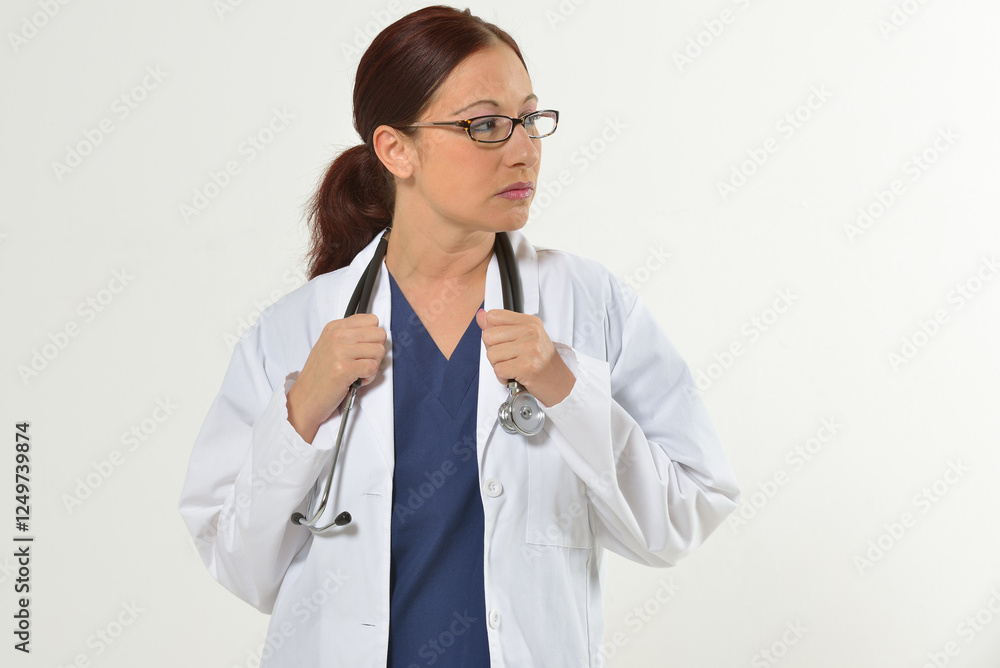 Red haired female healthcare professional looking off-frame holding stethoscope - wearing lab coat Red haired female healthcare professional looking off-frame holding stethoscope - wearing lab coat