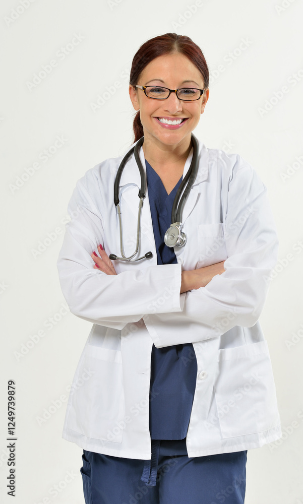 Red haired female healthcare professional smiling with her arms crossed - wearing lab coat and stethoscope Red haired female healthcare professional smiling with her arms crossed - wearing lab coat and stethoscope