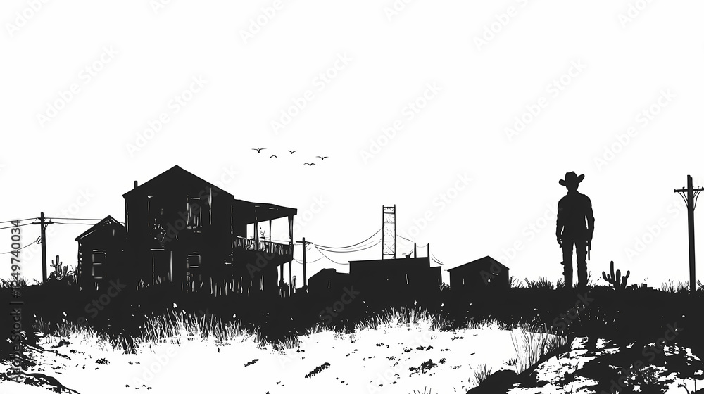 Obraz premium Ghost town silhouette, illustration isolated on white background. Ghost Towns & Abandoned Places. Illustration