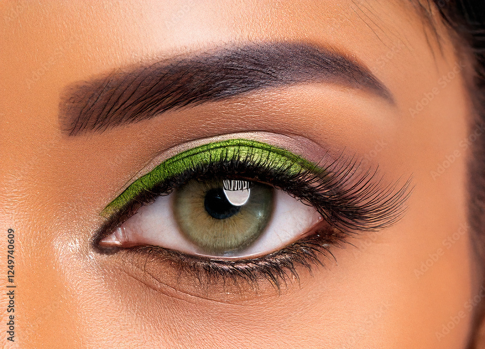 Obraz premium a close-up of a person's eye. The eye is green and has long, full lashes. The eyeliner is a bright green color and is applied in a way that creates a dramatic look