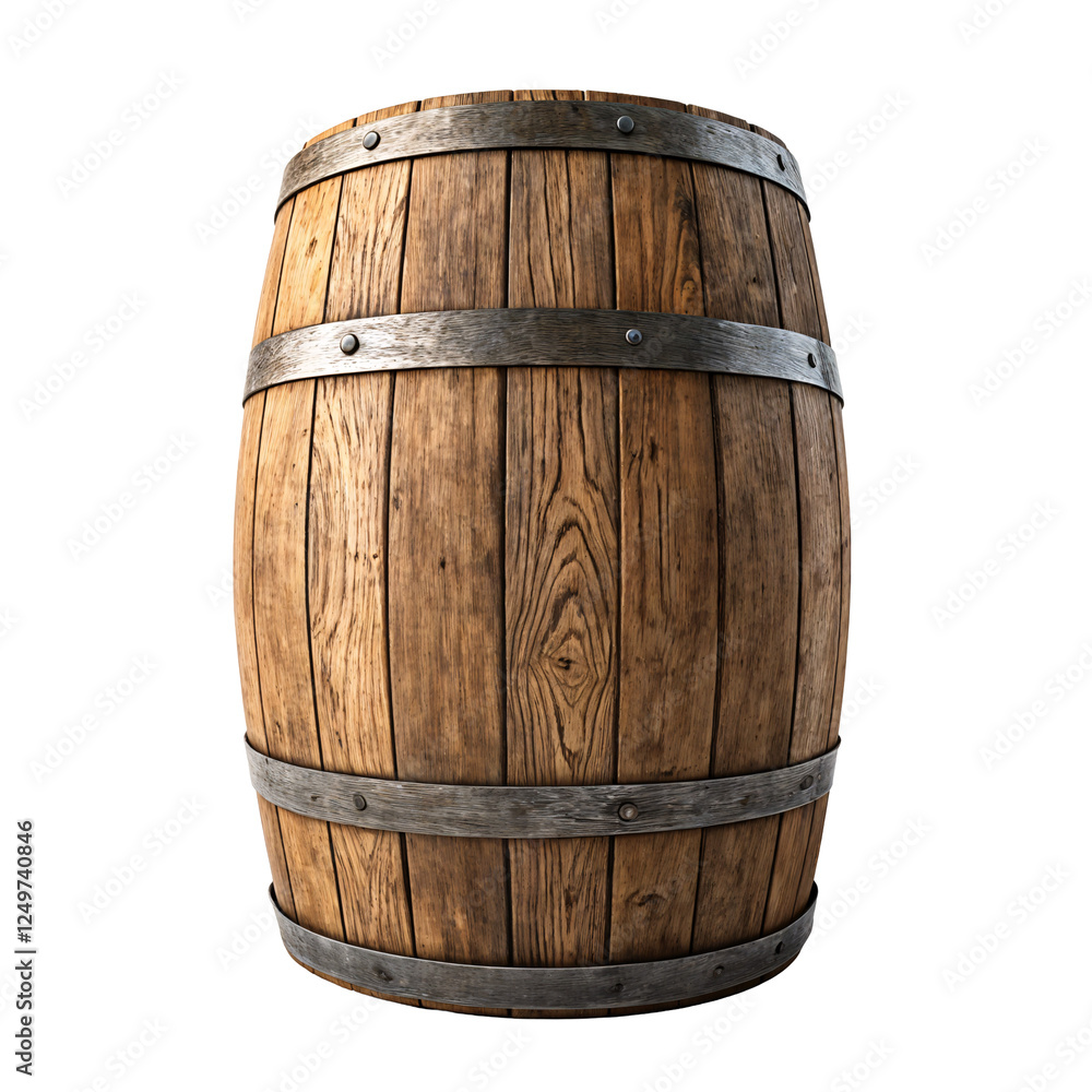 Rustic wooden barrel with metal hoops isolated on transparent background Rustic wooden barrel with metal hoops isolated on transparent background