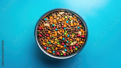 vibrant overhead view colorful bowl filled premium nutritious dog food ingredients such grains, vegetables, meat, nutrition, kibble, mix, meal, health, pet photo