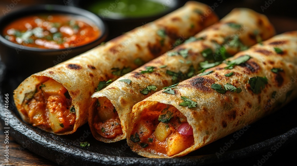 Crispy masala dosa filled spiced potato filling served with coconut chutney and sambar Traditional Indian breakfast Crispy masala dosa filled spiced potato filling served with coconut chutney and sambar Traditional Indian breakfast