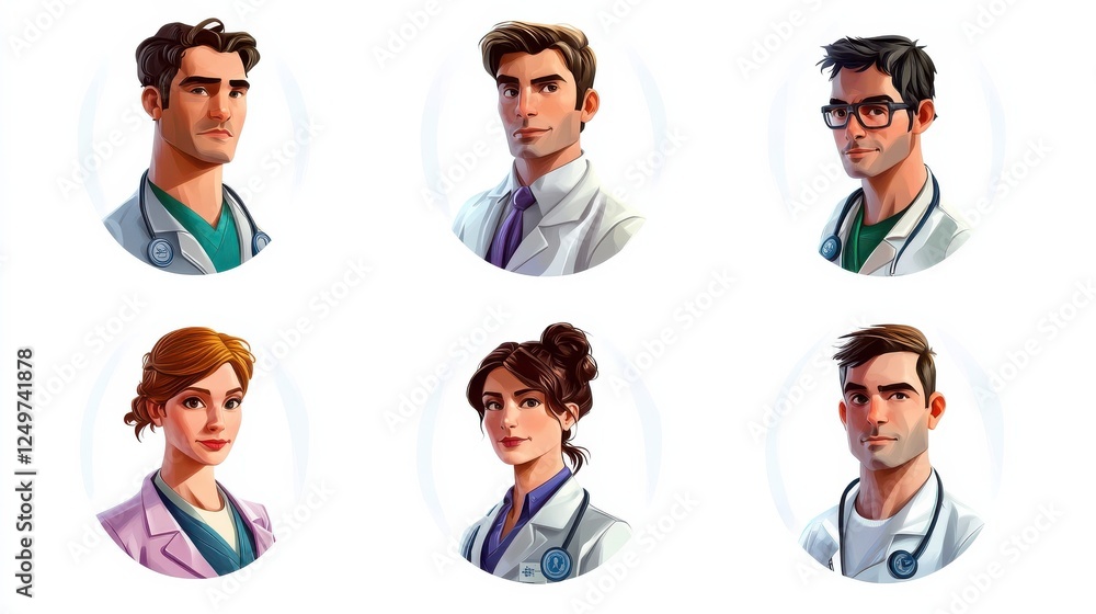 Doctor avatar. Medicine employee character portrait. Doctor and nurse round icon set isolated on white background. Vector hospital practitioner, pharmacist, medical staff portfolio avatar illustratio Doctor avatar. Medicine employee character portrait. Doctor and nurse round icon set isolated on white background. Vector hospital practitioner, pharmacist, medical staff portfolio avatar illustratio