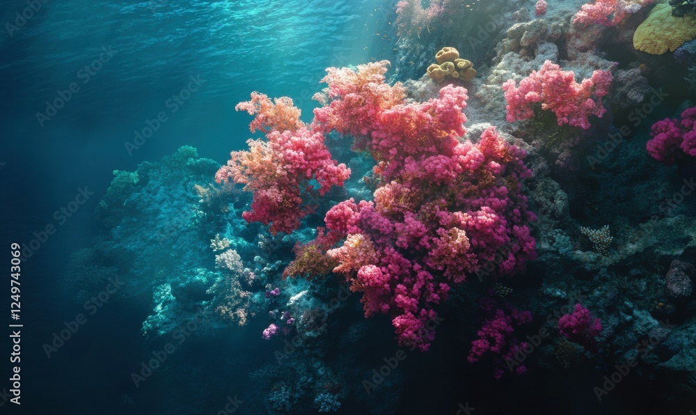 Naklejka premium Aerial shot of a coral reef teeming with marine life in turquoise waters, showcasing the vibrant ecosystem and natural beauty of the ocean.