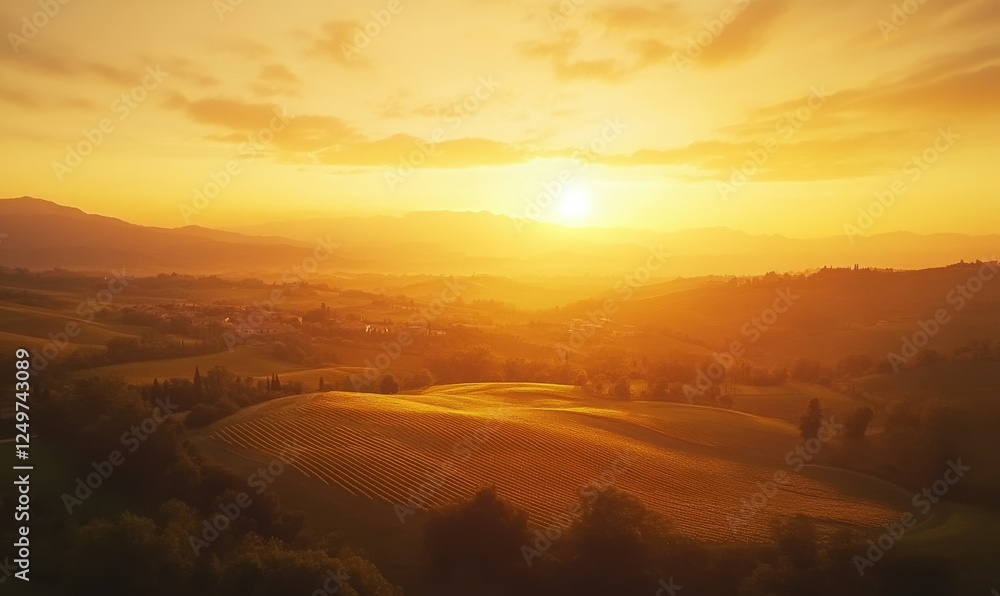 Obraz premium Aerial view of a vineyard stretching into the horizon under the soft golden light of sunset, showcasing the beauty of winemaking regions.