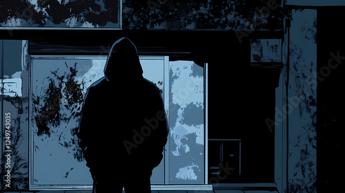 Hooded figure standing in front of a boarded-up storefront, the dim glow of a streetlamp barely illuminating their silhouette. Ghost Towns & Abandoned Places. Illustration photo