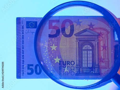 Checking banknotes with ultraviolet. Euro currency protected from ultraviolet radiation. Euro in ultraviolet light.
