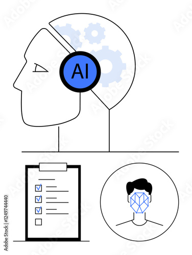 Human head with AI gear, checklist with marked tasks, facial recognition concept. Ideal for AI technology, machine learning, automation, facial analysis, data processing, workflow systems abstract