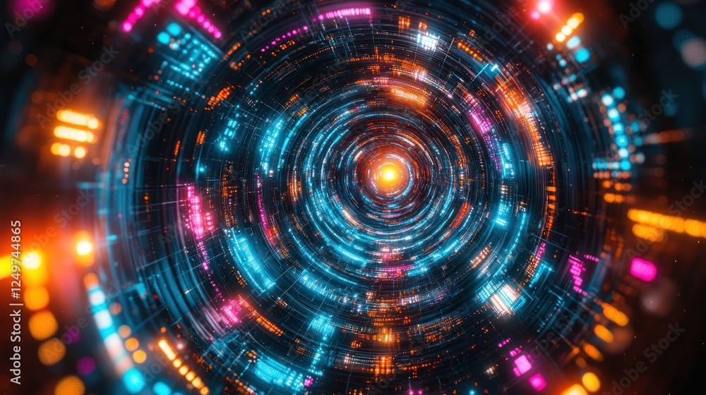 Colorful swirling tunnel, futuristic digital art, glowing lines, background of abstract data Colorful swirling tunnel, futuristic digital art, glowing lines, background of abstract data