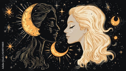 Celestial women facing, night sky, stars, moon, art photo