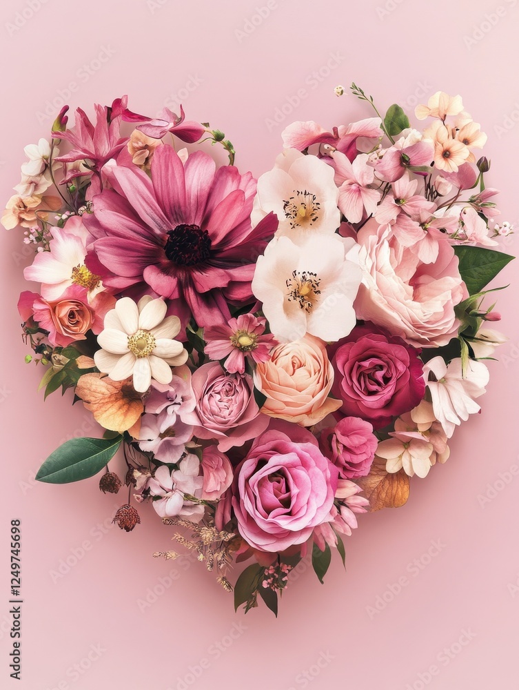 Valentine's Day flower arrangement in shape of a heart on pastel pink background illustration Valentine's Day flower arrangement in shape of a heart on pastel pink background illustration