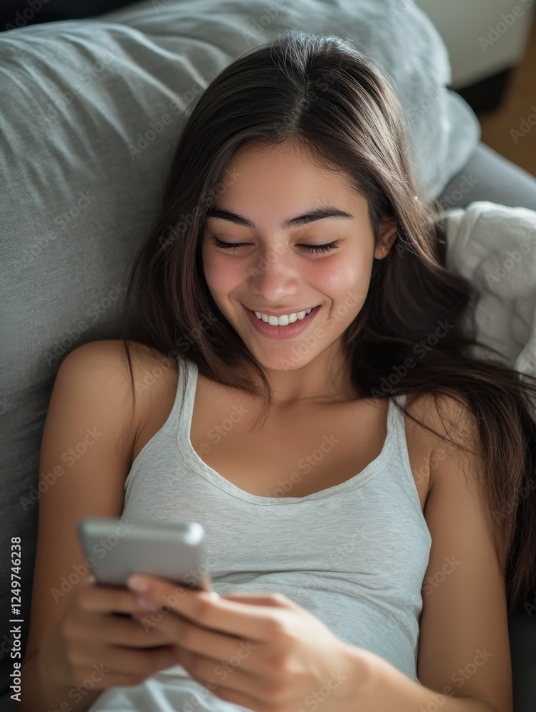 Happy 20s young woman watching social media videos looking at smartphone relaxing on couch, smiling hispanic girl enjoying using online mobile apps doing online shopping on cell phone at home. Happy 20s young woman watching social media videos looking at smartphone relaxing on couch, smiling hispanic girl enjoying using online mobile apps doing online shopping on cell phone at home.