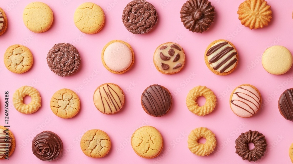 An enchanting display of assorted cookies featuring chocolate chip, snickerdoodle, and macarons elegantly placed on a soft pink surface, perfect for sweet indulgence An enchanting display of assorted cookies featuring chocolate chip, snickerdoodle, and macarons elegantly placed on a soft pink surface, perfect for sweet indulgence