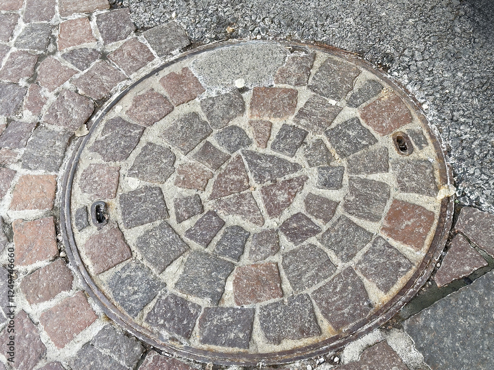 Round cobblestone manhole cover on textured pavement Round cobblestone manhole cover on textured pavement