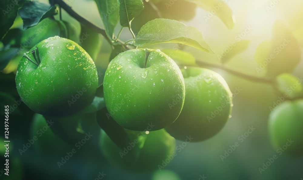 Bright green apples hanging on a tree branch, soft natural light highlighting their freshness and organic appeal Bright green apples hanging on a tree branch, soft natural light highlighting their freshness and organic appeal