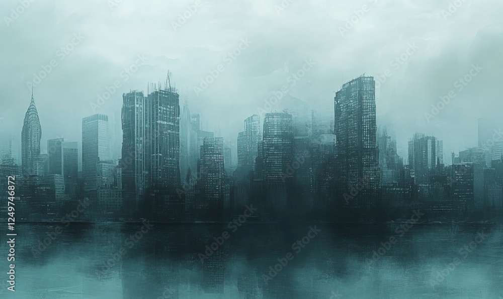 A foggy city skyline reflected in calm, blue-green waters. A foggy city skyline reflected in calm, blue-green waters.