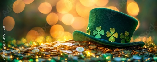 A green hat with clovers lies on shiny golden coins.