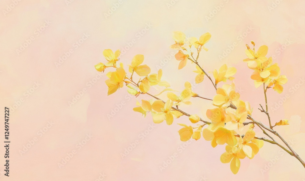 Bright yellow flower branch set against a soft pastel background, highlighting delicate textures and the vibrancy of nature. Bright yellow flower branch set against a soft pastel background, highlighting delicate textures and the vibrancy of nature.