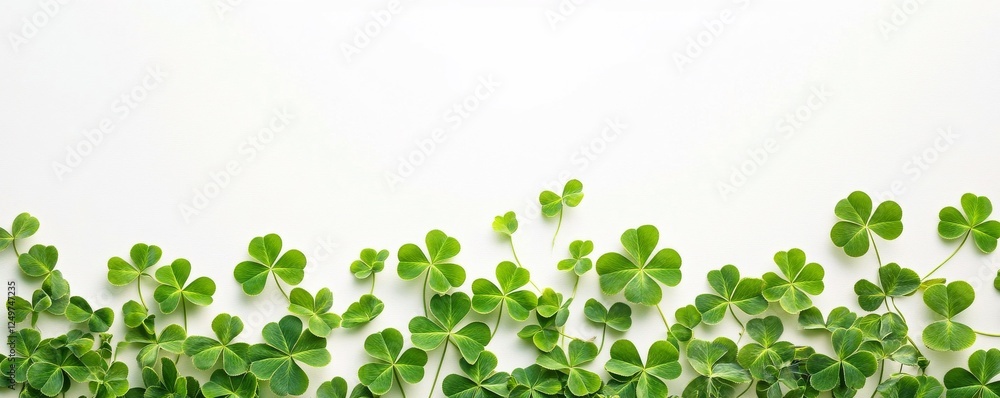 Green clovers are scattered across the bottom of the image. Green clovers are scattered across the bottom of the image.
