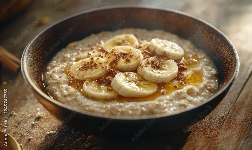 Bowl of creamy oatmeal topped with sliced bananas, honey drizzle, and a sprinkle of cinnamon, served on a rustic wooden table Bowl of creamy oatmeal topped with sliced bananas, honey drizzle, and a sprinkle of cinnamon, served on a rustic wooden table