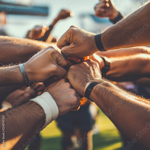 close up of teammates in a huddle holding their fists together