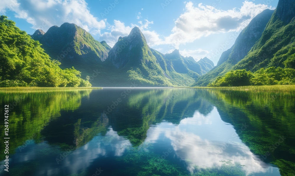 Fototapeta premium Calm lake surrounded by lush greenery and towering mountains, reflecting the beauty of untouched nature.