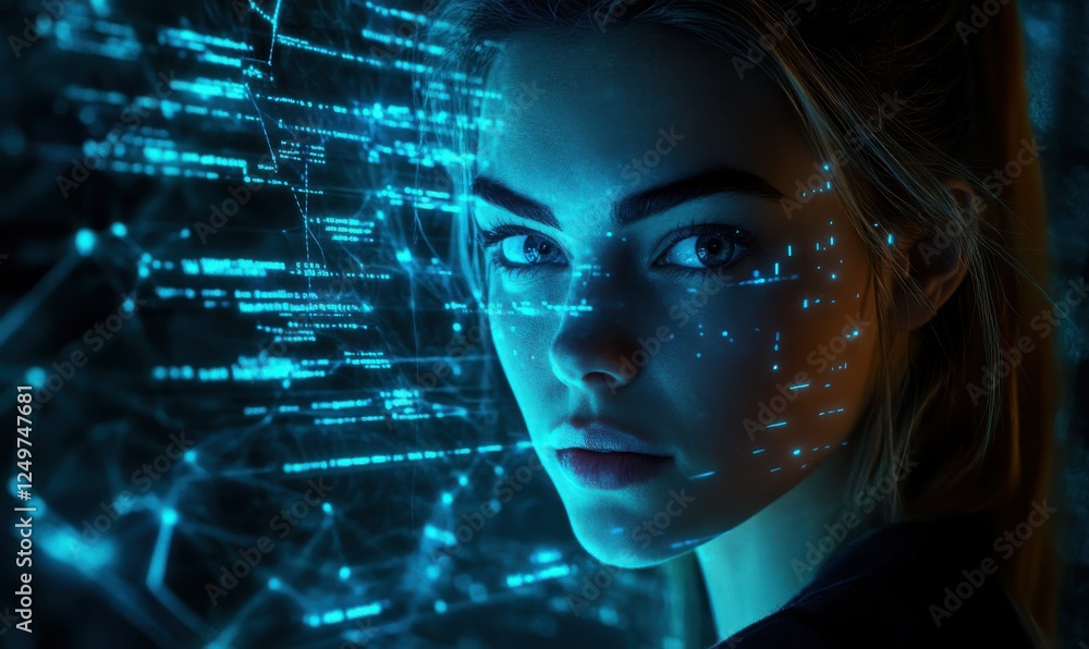 A focused woman in front of a glowing data interface, denoting information analysis or futuristic technology A focused woman in front of a glowing data interface, denoting information analysis or futuristic technology