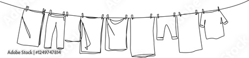 continuous single line drawing of laundry on clothesline, line art vector illustration