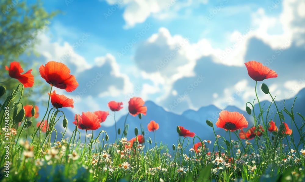 Obraz premium Bright poppies blooming in a sunlit meadow, with vibrant red petals swaying gently in the breeze, creating a serene floral scene