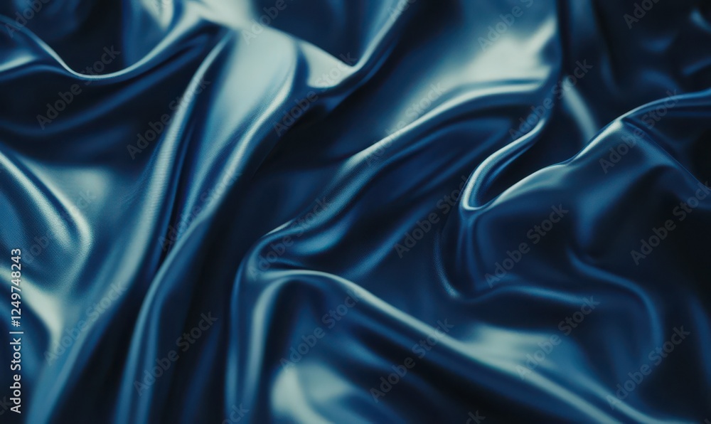 Elegant folds of deep blue satin fabric glowing with a subtle sheen, highlighting its smooth texture and rich tones under soft lighting Elegant folds of deep blue satin fabric glowing with a subtle sheen, highlighting its smooth texture and rich tones under soft lighting