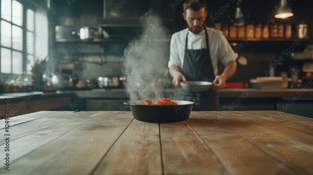 Chef cooking steaming tomatoes in rustic kitchen Chef cooking steaming tomatoes in rustic kitchen