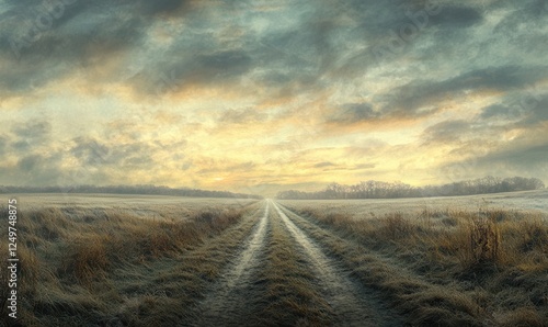 Endless countryside road under a dramatic sky, with the horizon bathed in warm sunlight for a peaceful and open landscape