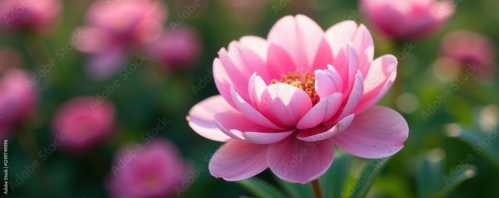Fototapeta premium Soft pink peony blossoms, lush petals, blurred background, floral, background, spring