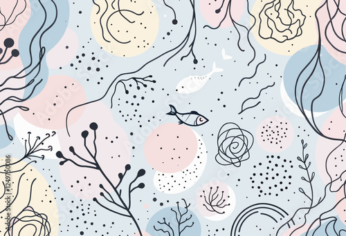 A variety of abstract shapes and designs, including lines, dots, and organic forms, such as plants and fish, set against a light blue background. Vector patterns, random pattern