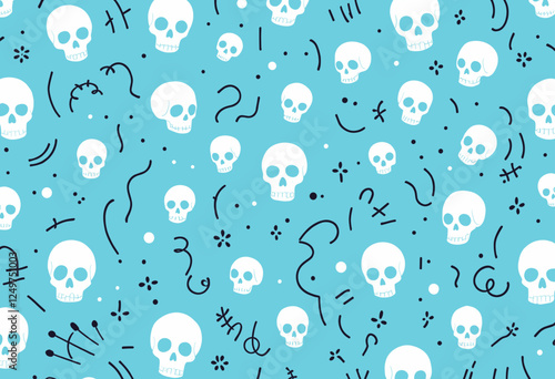 White skulls with black lines and symbols scattered across a light blue background. Vector patterns, random pattern