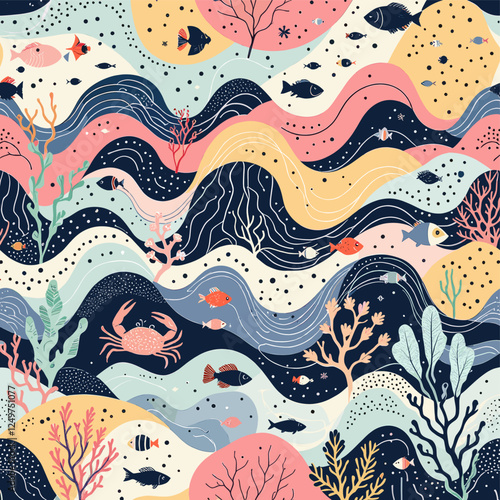 A whimsical underwater scene features a variety of fish, including a crab, swimming amidst coral and plants in a vibrant, abstract oceanic landscape. Vector patterns, random pattern