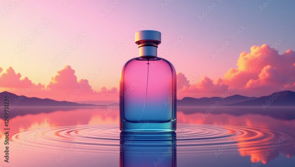 Vibrant sunset perfume bottle with reflective water Vibrant sunset perfume bottle with reflective water