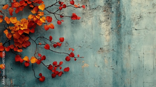 Autumn leaves on textured wall, background copy space, nature photo