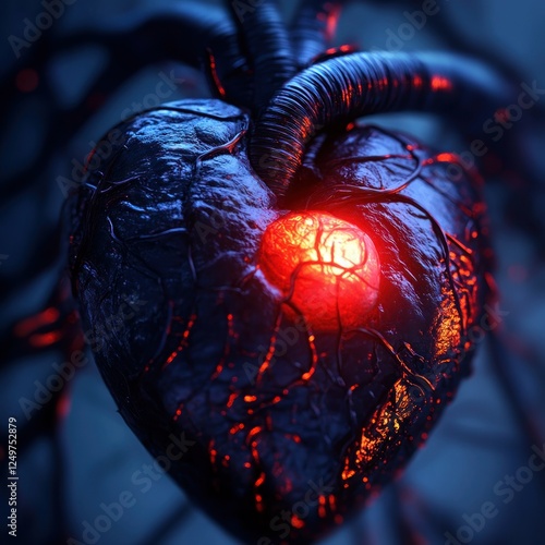 Dark heart with glowing interior, futuristic arteries, complex network photo