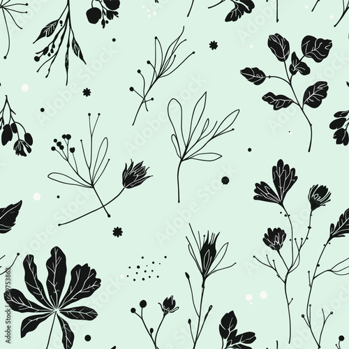 Black and white flowers and leaves scattered across a light green background. Vector patterns, random pattern