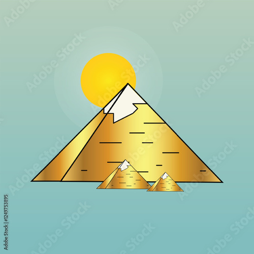 Giza ancient Egyptian pyramids, golden color, sun in the background, illustration art