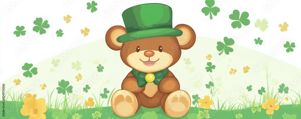 Naklejka premium A bear wearing a green hat amidst clovers and flowers.