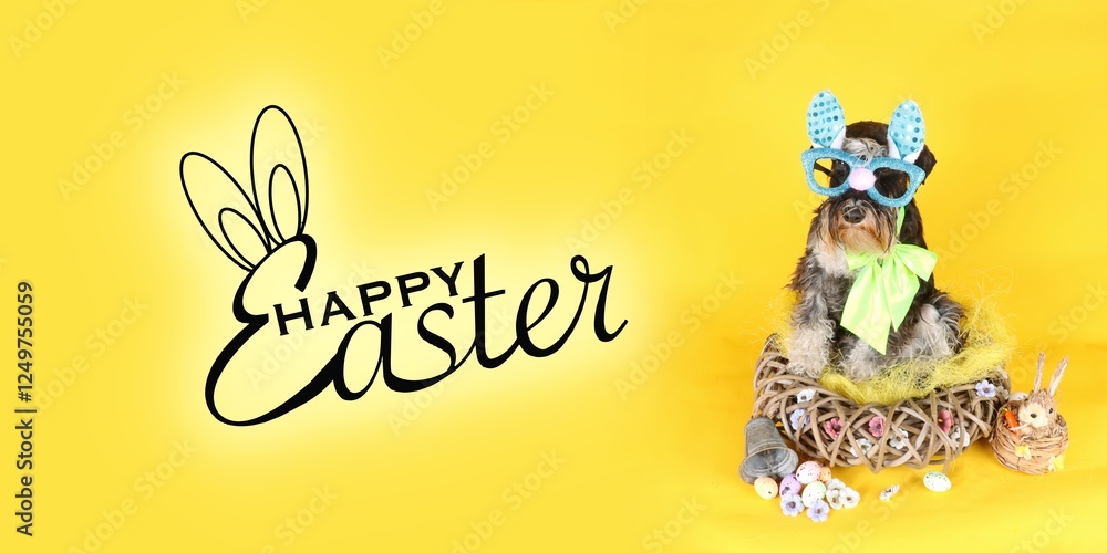Fototapeta premium Dog dressed as an Easter bunny with the text 'Happy Easter' in panoramic format